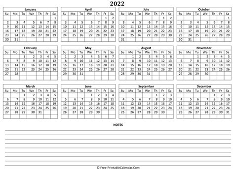 Printable 2022 Calendar Landscape Orientation Calendar Yearly 2022