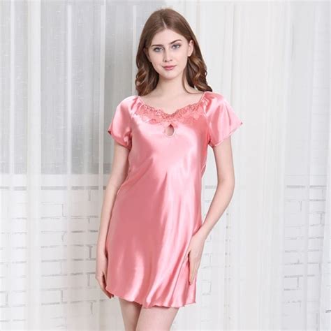 Faux Silk Women Nightgowns Satin Nightdress Short Sleeve Girl Sleepshirts Female Sleepwear