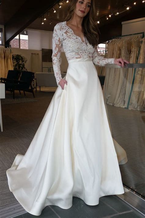 Elegant Ivory Long Sleeves Satin Long Wedding Dress With Top Lace