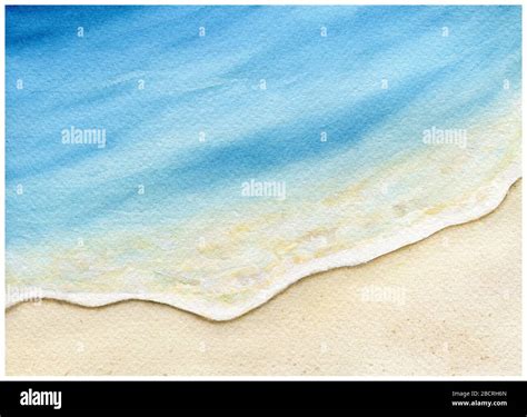 Watercolor Beach Painting Background Golden Sand And Blue Ocean Water
