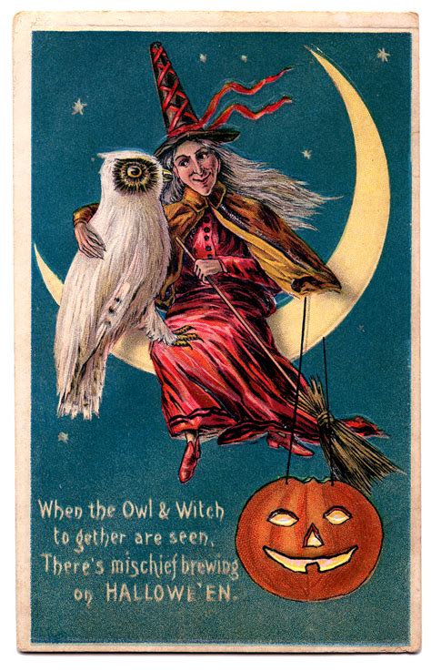Vintage Halloween Clip Art Witch Owl Moon Pumpkin