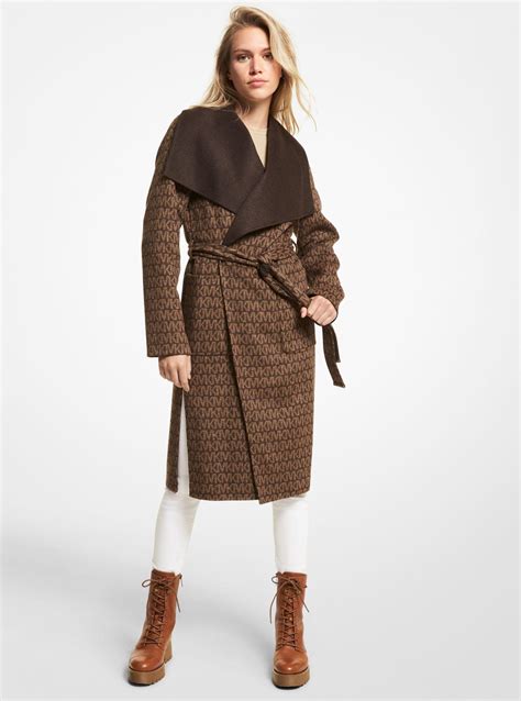 Michael Kors Wool Blend Logo Jacquard Wrap Coat In Brown Lyst
