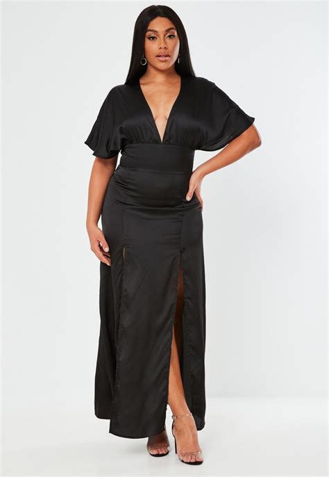 Plus Size Black Satin Short Sleeve Kimono Maxi Dress Missguided