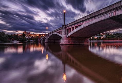 Wallpaper Prague Dawn Lights River Bridge Sky Clouds 2048x1400