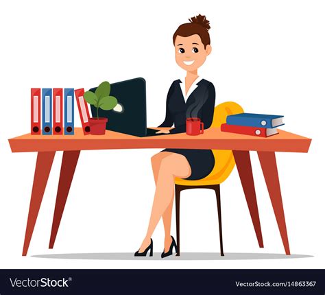 Business Woman Sitting At The Table Cute Cartoon Vector Image