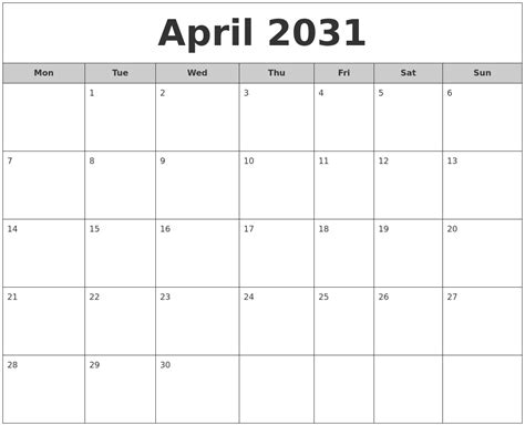 April 2031 Free Monthly Calendar