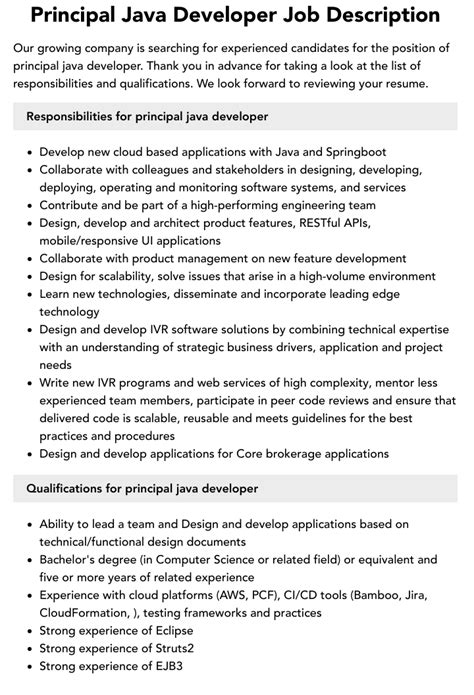 Principal Java Developer Job Description Velvet Jobs