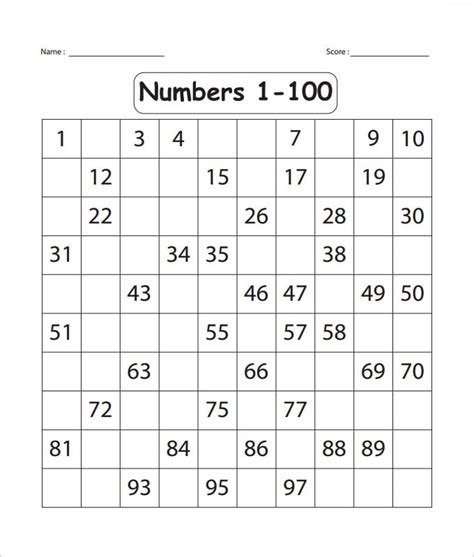 Fill In The Missing Numbers 1 100 Worksheet