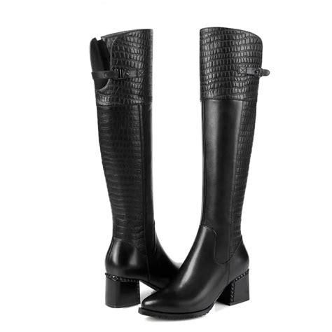 2018 Women Genuine Leather Knee High Boots Square Heel Stovepipe