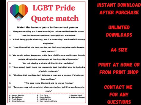 Gay Pride Month Trivia Game Lgbt Famous Quotes Match Games Etsy