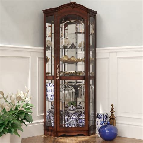 Corner Curio Cabinet Dispay Lighted Glass Shelves Case Mirrored Tall