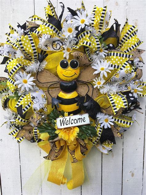 Welcome Wreath Deco Mesh Wreath Bee Wreath Yellow Wreath Door
