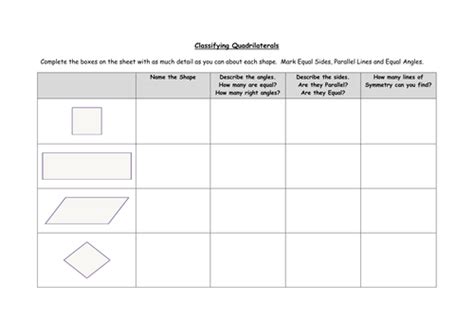 Classifying quadrilaterals by jennifer barksdale directions on page 58 of your math journal, title it classifying quadrilaterals number your page from 1 to 9, skipping three lines in between you will work independently to answer the following questions for each attribute listed, draw and write the. Classifying Quadrilaterals by ceejaypee - Teaching ...