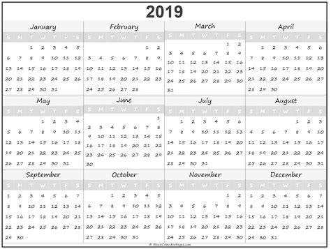 2019 Year Calendar Yearly Printable