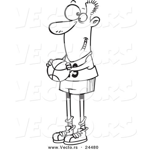 Vector Of A Cartoon Skinny Basketball Player Holding A Ball Outlined