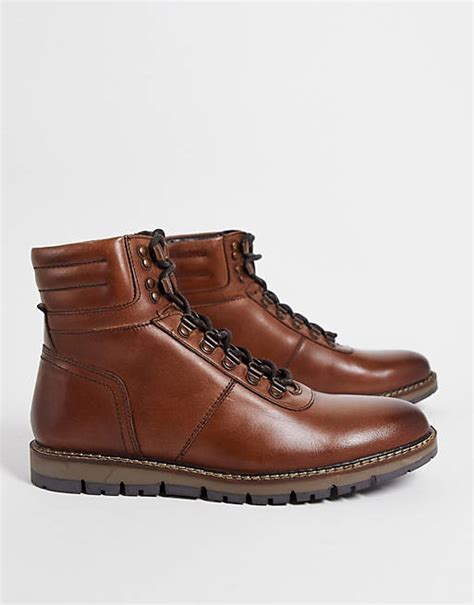 silver street leather hiker boots in brown with suede collar asos
