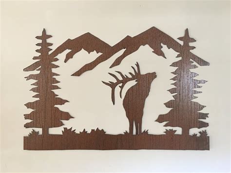 Elk Metal Wall Art Rustic Animal Artwork Mountains Trees Etsy