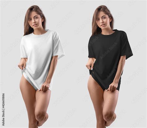 Foto De Mockup Of A White Black T Shirt On A Half Naked Girl Set Of Clothes Do Stock Adobe Stock