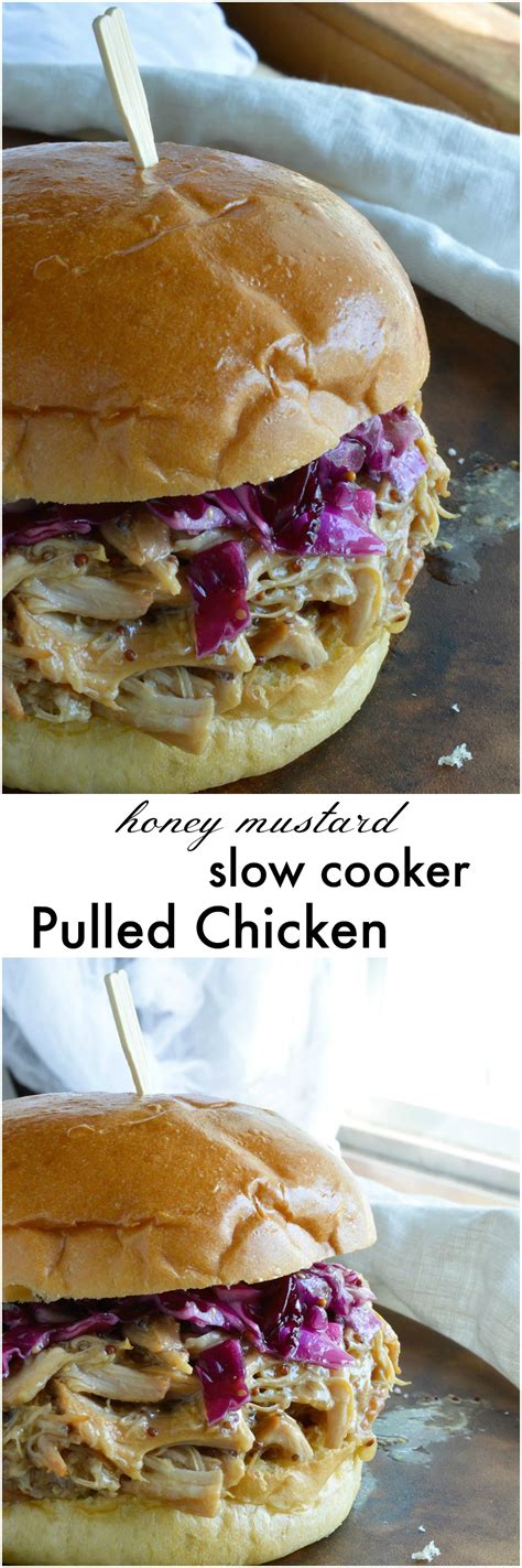 This healthy slow cooker pulled chicken sandwich recipe is is perfect for bbq's, potlucks, or a delicious weeknight. Honey Mustard Shredded Chicken Sandwich Recipe