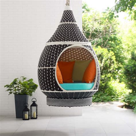 Palace Outdoor Patio Wicker Rattan Hanging Pod In Brown Turquoise By Modway