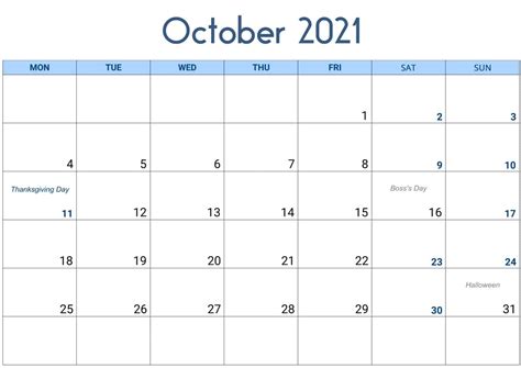 Printable October 2021 Calendar With Holidays Free Printable Calendar