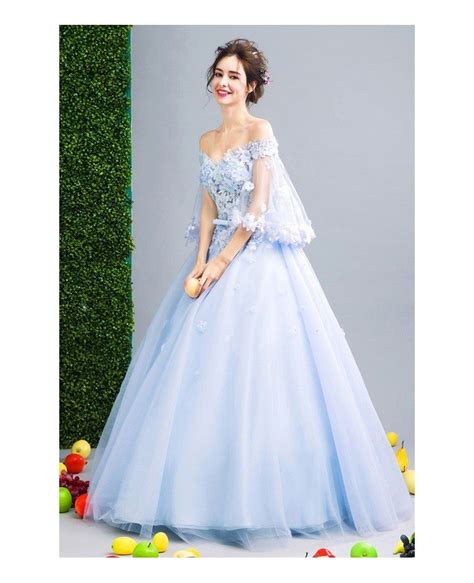 Blue Ball Gown Off The Shoulder Floor Length Tulle Wedding Dress With