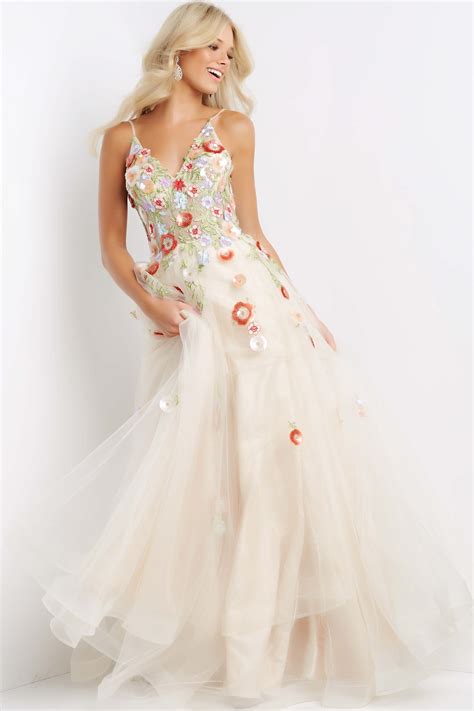 Jvn08082 Multi Floral Sheer Bodice V Neck Prom Gown
