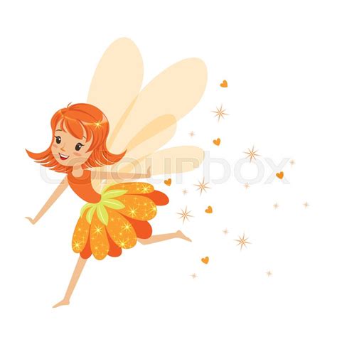 Beautiful Smiling Orange Fairy Girl Flying Colorful Cartoon Character