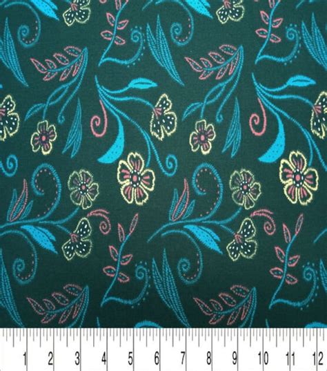 Teal Floral Fabric Embroidery Dark Teal Cotton Fabric Fat Etsy