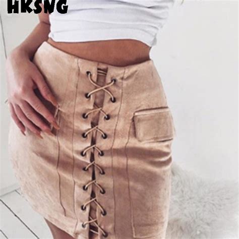 Hksng Women Vintage High Waist External Pocket Tight Suede Lace Up