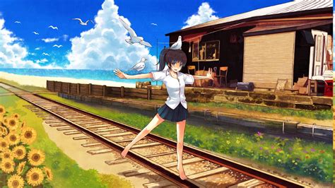 Anime School Uniform Birds Anime Girls Original Characters Railway Blue