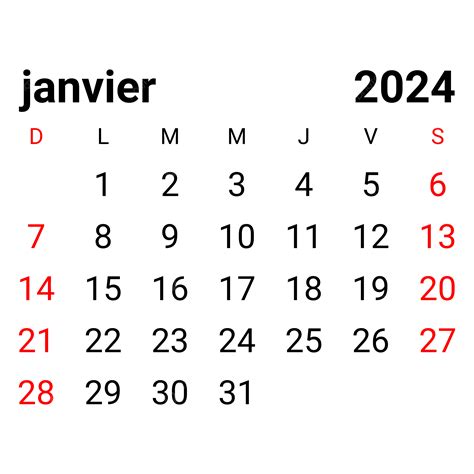 Calendrier Mensuel Français De Janvier 2024 Vecteur Png Calendrier