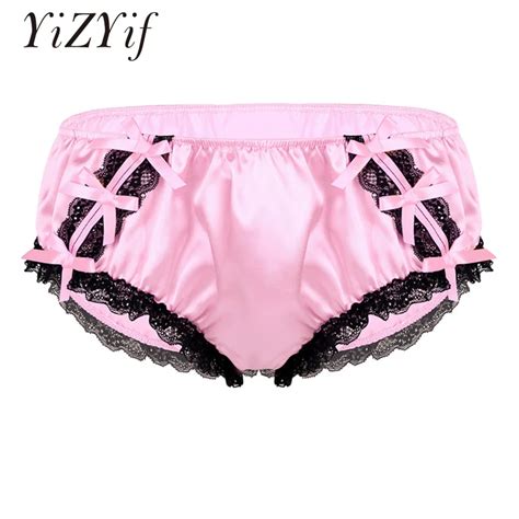 Yizyif Sexy Underwear Men Sissy Panties Fetish Gay Briefs Shiny Soft Ruffled Floral Lace Satin