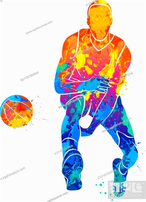 Abstract Basketball Player With Ball From Splash Of Watercolors Stock