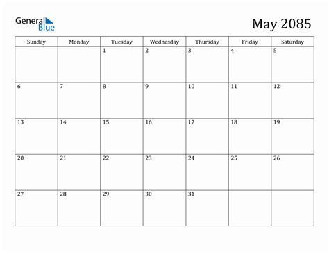 May 2085 Monthly Calendar