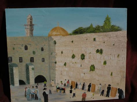Jewish Art Folky Original Oil Painting Of Figures At The Wailing Wall