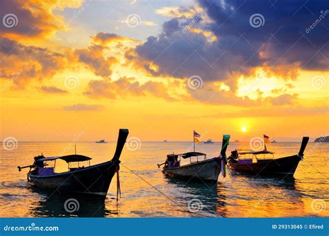 Traditional Thai Boats At Sunset Beach Stock Image Image Of Relax