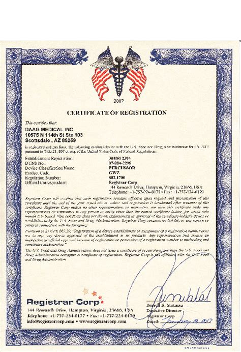 Fda Certificate Of Registration Registrar