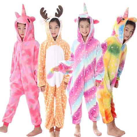 Girls Boys Winter Kigurumi Pajamas Unicorn Cartoon Animal Onesies