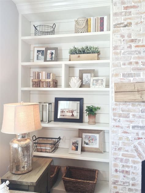 Built In Bookshelves Styling Shiplap Whitewash Brick Fireplace