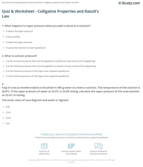 Colligative properties worksheet with answers