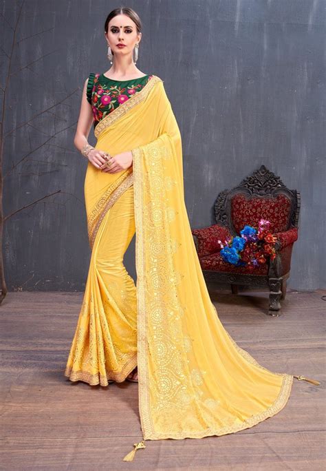 Yellow Georgette Designer Saree And Unstitched Blouse Party Wear Sarees