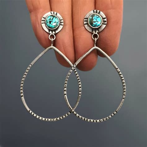 Turquoise Teardrop Hoop Earrings Silver Post Hoops Hand Etsy White