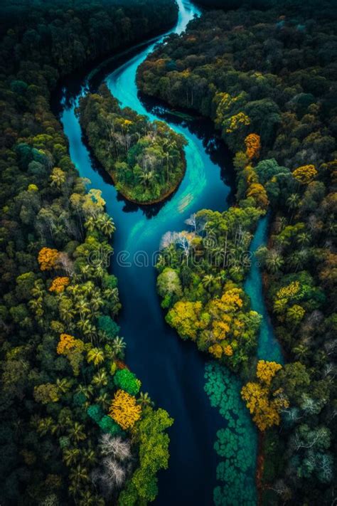 An Aerial View Of River Surrounded By Trees Generative Ai Stock Photo