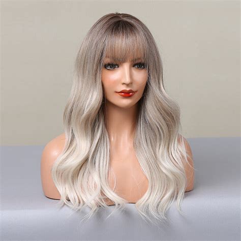 us long wavy hair wigs ombré ash blonde sliver natural wig with bangs for women ebay