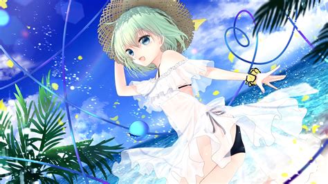 Ass Beach Bikini Blue Eyes Chikawa Shibainu Clouds Dress Green Hair Hat