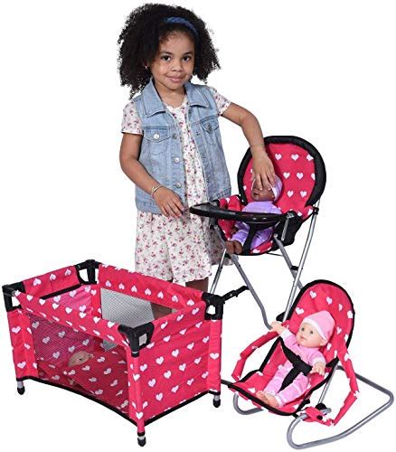 new york doll collection dolls mega play set with dolls high chair 3 1 doll bouncer and pack n