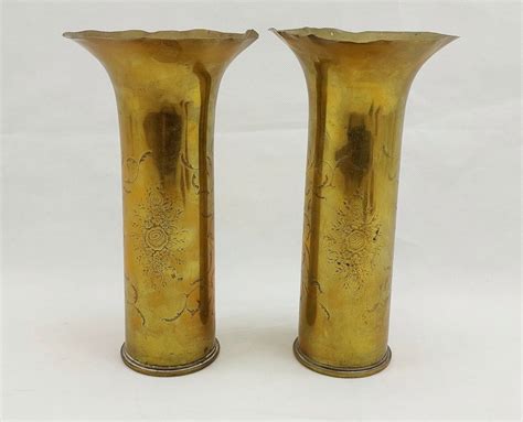 Pair Of Ww1 Trench Art Shell Case Vases With Rose Cartouche Panels And