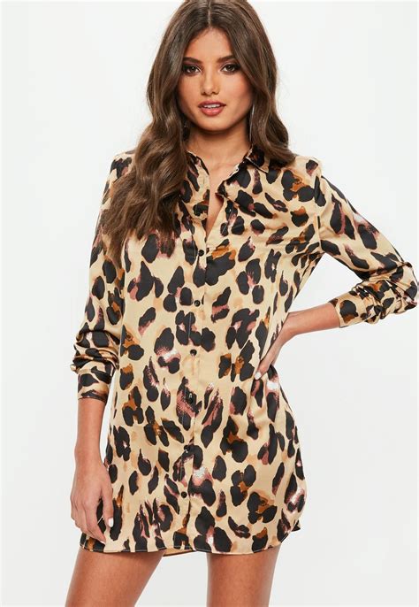 Missguided Brown Leopard Print Satin Shirt Dress Leopard Print