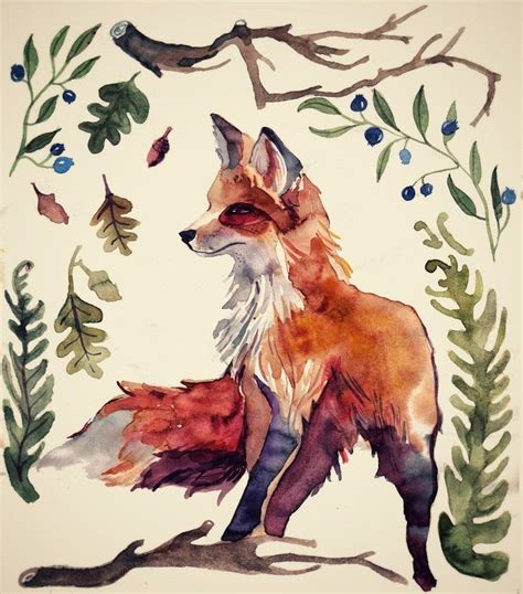 Fox Watercolour Illustration Autumn Акварельные иллюстрации